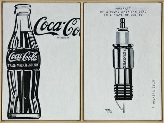 Richard Pettibone, "Andy Warhol, 'Large Coca Cola', 1962, and Francis Picabia, 'Portrait of a Young American Girl in a State of Nudity', 1915", 2012, Oil on canvas, 9 1/2 x 13 3/8 inches