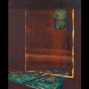 Mohammed Sami, Meditation Room, 2022, mixed media on linen, 110 1/4x90 1/2 inches (280x230 cm), photo by Ben Westoby, © Mohammed Sami. Courtesy of the artist, Luhring Augustine, New York, and Modern Art, London