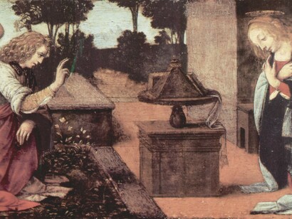 Leonardo da Vinci (1452–1519) "Anunciación"
Pintura, Virgen María y el arcángel Gabriel 1478, Museo del Louvre, París, Francia