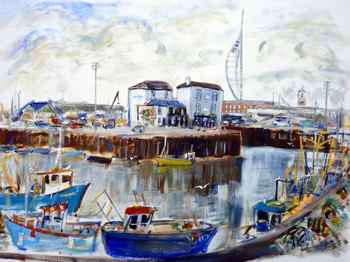 Josephine Chisholm, Fishing Boats & Bridge in Portsmouth, acrylic on paper, 44 x 56 cm