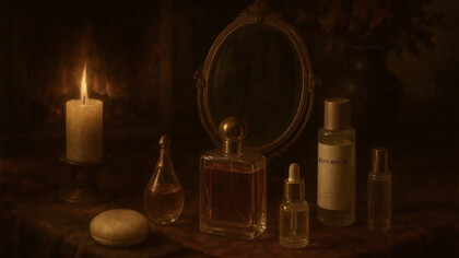 An autumn ritual of beauty, serums, perfumes, and creams bathed in candlelight, evoking warmth, reflection, and the quiet luxury of fall