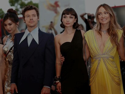 At the Venice Premiere from left to right: Gemma Chan, Harry Styles, Sydney Chandler, and Olivia Wilde