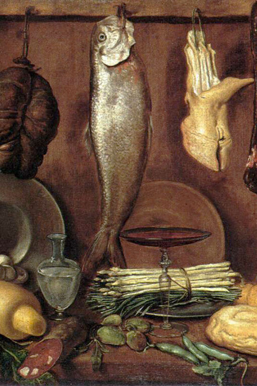 Jacopo Chimenti, 'Dispensa con pesce, carne, uova sode e fiasca di vino'