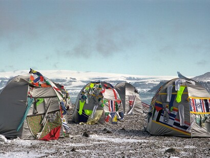 Window on the World - Antarctica, 2007
Diptych window frames, Lambda photograph laminated, mirror, glass, 38 plasma bottles, used clothes, flags, copper pipes, 2 taps, 105 x 17 x 134 cm
Courtesy of the artists. Photo: Bertrand Huet

