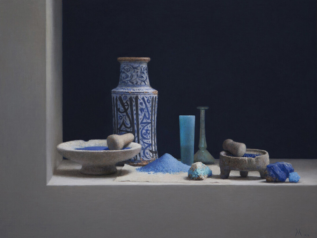 Guillermo Muñoz Vera, Blue Pigments, 2012, oil on canvas mounted on panel, 24 x 31 1/2 inches