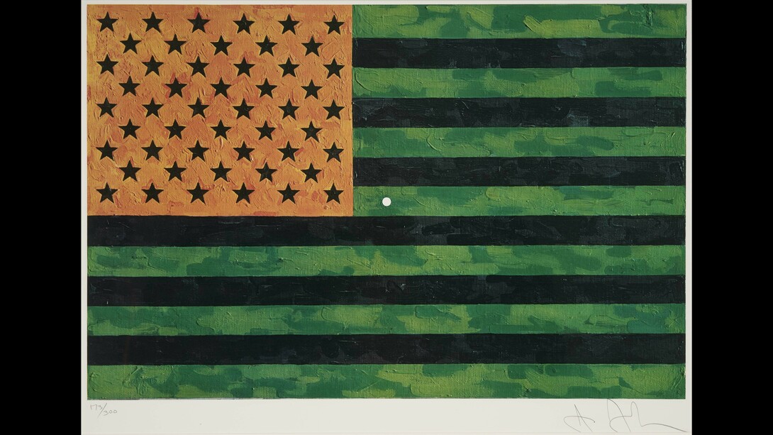 Jasper Johns, Flag, Committee Against the War in Vietnam, 1969. Offset lithograph on wove paper. Collection of Phoenix Art Museum, gift of Mr. and Mrs. Alvin N. Haas. Art © Jasper Johns / Licensed by VAGA, New York, NY.
