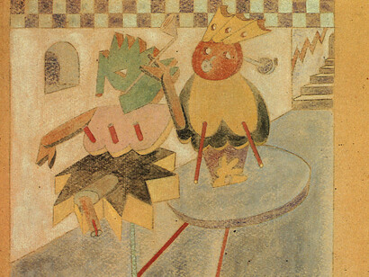 Fortunato Depero. Marionette (Architettura di  ballerine), 1917. Tempera su cartone. 34,5 x 37,5 cm.  Firmato Depero 1917 in basso a dx.
Courtesy Galleria d’Arte Matteotti