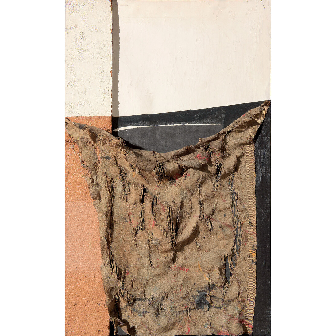 Alberto Burri, Sacco Bianco Nero, 1956, cloth, oil on cellotex, 78 x 50 cm, Courtesy Fondazione Burri and Mazzoleni London