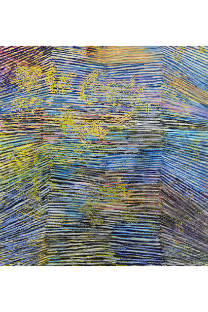 Harmony Korine, Pep Cubbie Line Painting, 2014, House paint, acrylic, oil, and collage on canvas, 63 x 67 inches, 160 x 170.2 cm. © Harmony Korine. Courtesy Gagosian Gallery. Photography by Robert McKeever