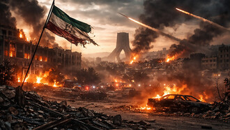 A devastated urban landscape engulfed in fire and smoke evokes the human and geopolitical consequences of war in Tehran, Iran