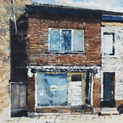 Philippe Cognée, Pas de porte à vendre à Charleroi, 2014, Wax painting on canvas, 153 x 153 cm / 60 1/4 x 60 1/4 in. Courtesy Galerie Daniel Templon, Paris & Brussels