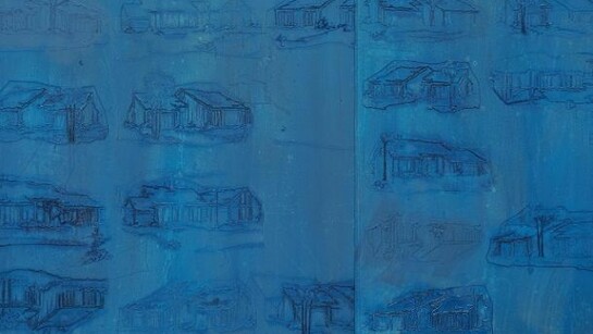 Michael Raedecker, place, 2013, acrylic and thread on canvas, 69 x 102 3/8 inches (175.3 x 260 cm) © Michael Raedecker, courtesy of the artist and Andrea Rosen Gallery, New York.