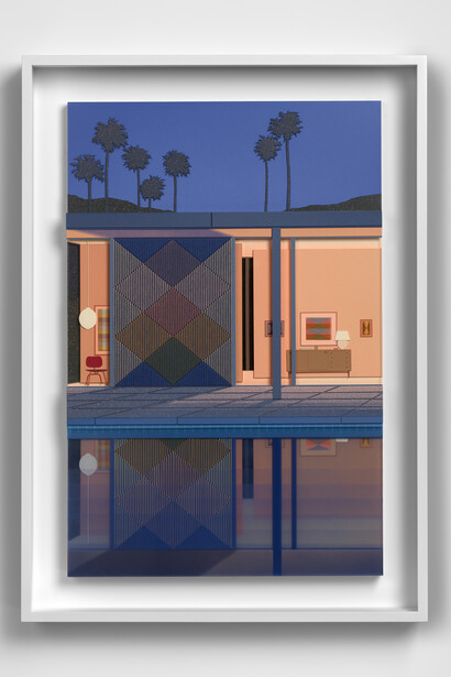 Lucy Williams, Palm Springs #5, 2022. Paper, Plexiglas, engineered wood, cotton thread, piano wire, and acrylic paint on birch ply panel, 24 1/8 x 15 1/4 inches (Framed: 27 1/2 x 19 5/8 x 3 1/8 inches). Courtesy of the artist and Berggruen Gallery