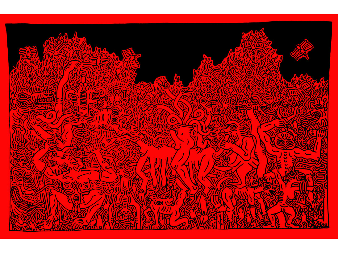 Keith Haring, Untitled (July 7, 1985), 1985, acrylic and oil on canvas with metal grommets, 116 x 180 inches, 294.6 x 457.2 cm, signed and dated 'July 7 1985 K. Haring' (on the reverse) © Keith Haring Foundation. Courtesy Sender Collection