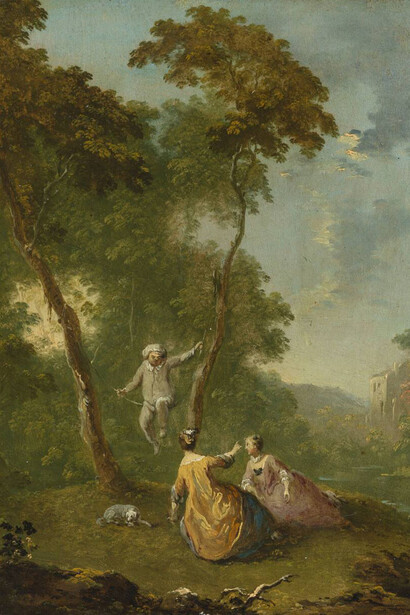 Norbert Grund, Pierrot on a swing (detail), 1760. Courtesy of Národní galerie Praha