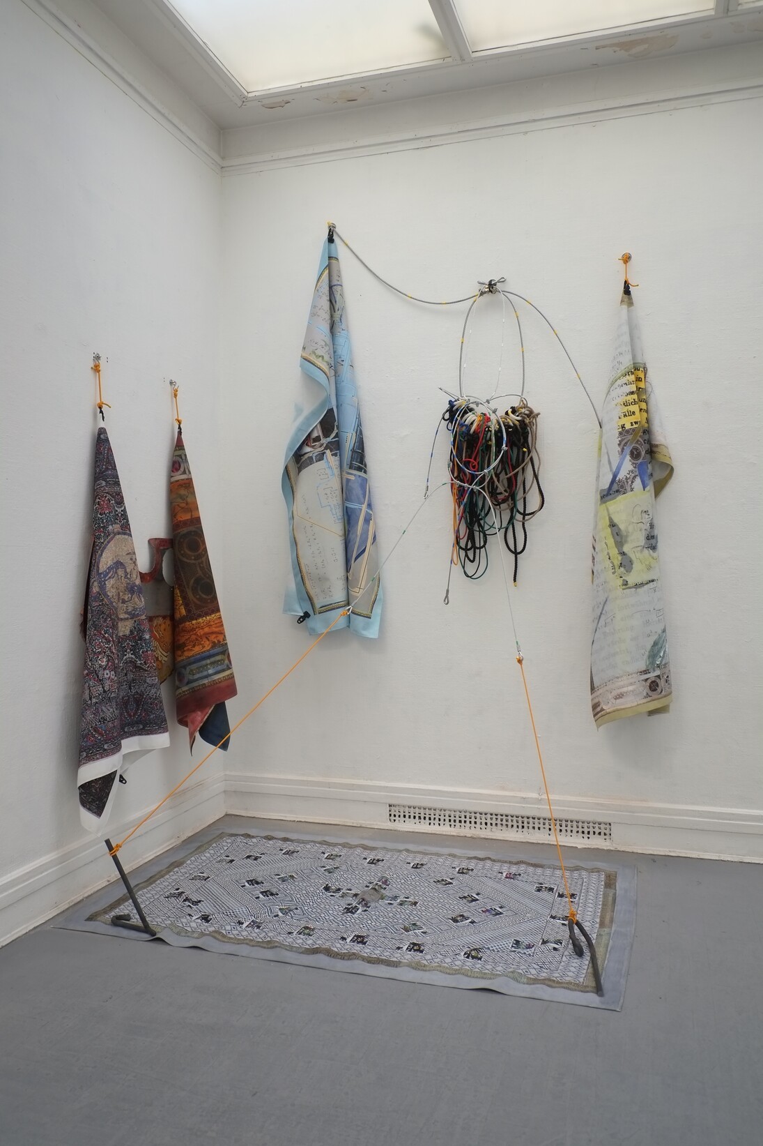 U. Kanad Chakrabarti, Clifford Torus, 2014. Inkjet-dyed canvas, acrylic, oil paint, ropes, steel cables, forged mild steel, A4 document