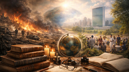 A fragile world stands between destruction and hope—war and peace divided by the guiding light of knowledge, philosophy, and human responsibility