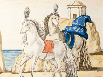 Giorgio de Chirico, I cavalli di Achille, 1971. Litografia colorata a mano dall'artista. Courtesy of 29 Arts in Progress gallery