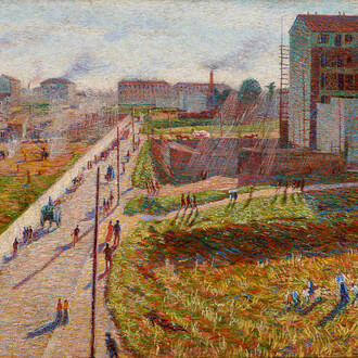 Umberto Boccioni, Meriggio. Officine a Porta Romana, 1910, olio su tela, 75 x 145 cm, Collezione Intesa Sanpaolo, Gallerie d'Italia - Piazza Scala, Milano
