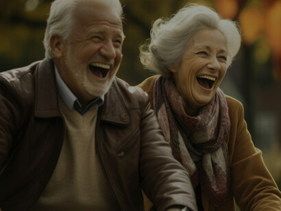 Unlock the secrets of a fulfilling and active life with a happy older couple, capturing the essence of longevity as they pedal joyfully on their bicycles, celebrating health and happiness together in the great outdoors