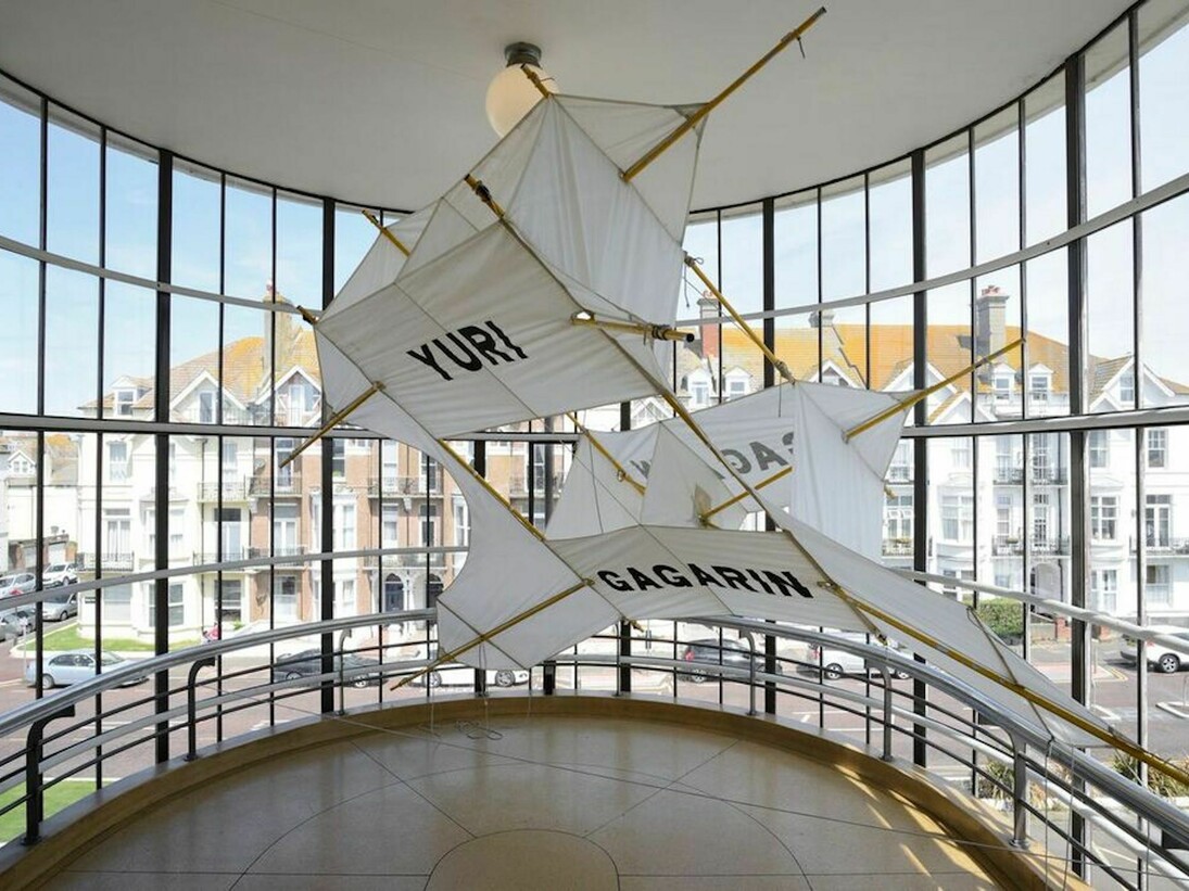 Installation shot of Simon Patterson: Safari: an exhibition as expedition featuring Manned Flight 1999-
Photo: Nigel Green, Courtesy De La Warr Pavilion