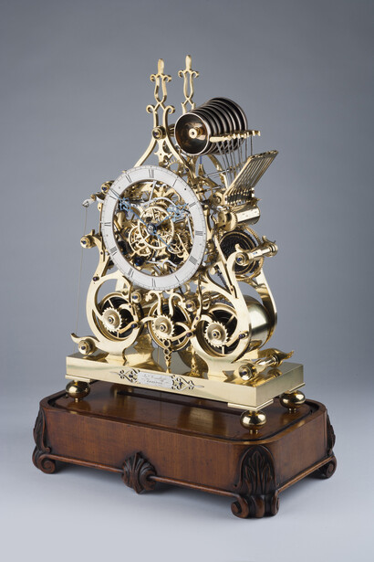 A very rare three-train quarter chiming skeleton clock, second series, circa 1850, by James Condliff. Exhibited by Ben Wright Clocks