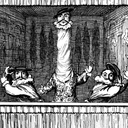 Ilustración de George Cruickshank (realizada en 1870) para Punch y Judy, obra de títeres tradicional que ironiza acerca de las figuras del mal y la justicia
