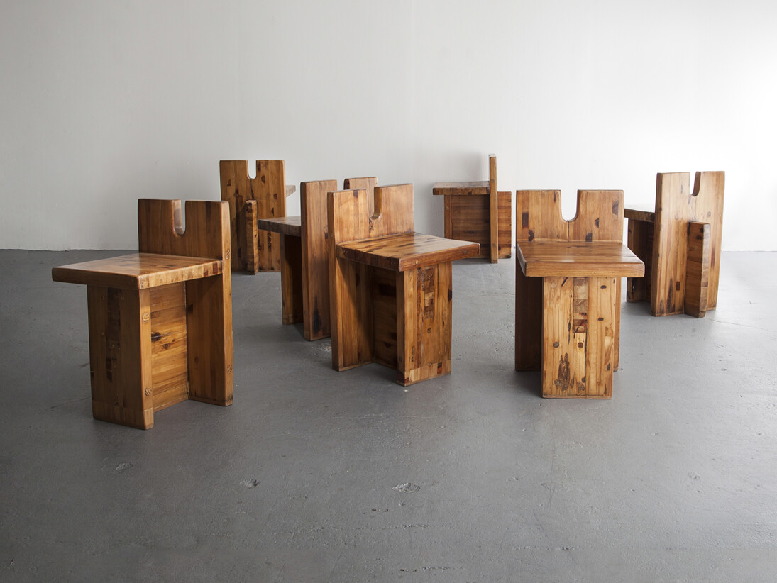 Chair in pine designed by Lina Bo Bardi, Marcelo Ferraz and Marcelo Suzuki for the SESC-Pompéia Center, Sao Paulo, Brazil, 1980s. Seat height: 19.75" 21" L x 15.5" W x 27.5" H / 53.3cm L x 39.4cm W x 69.9cm H. Photo: Joe Kramm/R & Company.