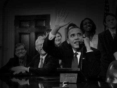 President Barak Obama in his political setting is conducting diplomacy over the phone