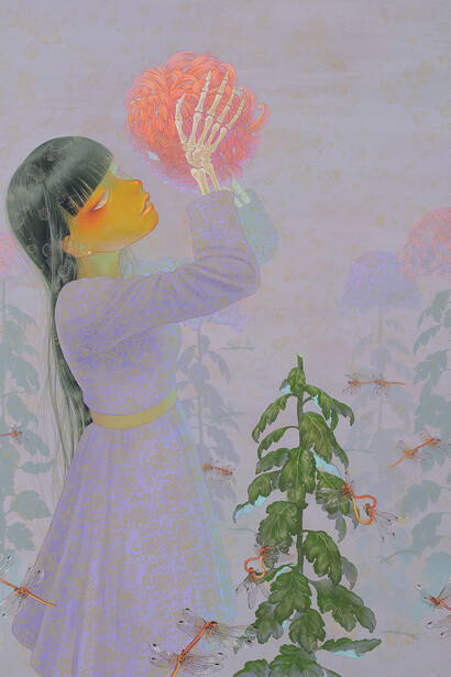 DCG, Fuco-Ueda, KISS, 72x53cm, acrylic and shell, white on canvas.