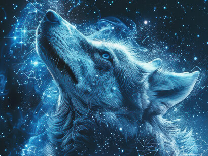 A wolf tranformed into a constellation in the night sky