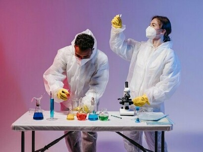 Researchers carefully measuring chemical samples and recording observations, reflecting the meticulous process behind scientific advancement