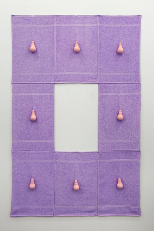 Paul Lee, Untitled (hand towels with bulbs), 2013, towels, lightbulbs, spray paint, monofilament, hoops, stainless steel, thread, pigment based ink, 195.6 x 127 cm, 77 x 50 ins, copyright the artist, courtesy Stuart Shave/Modern Art, London
