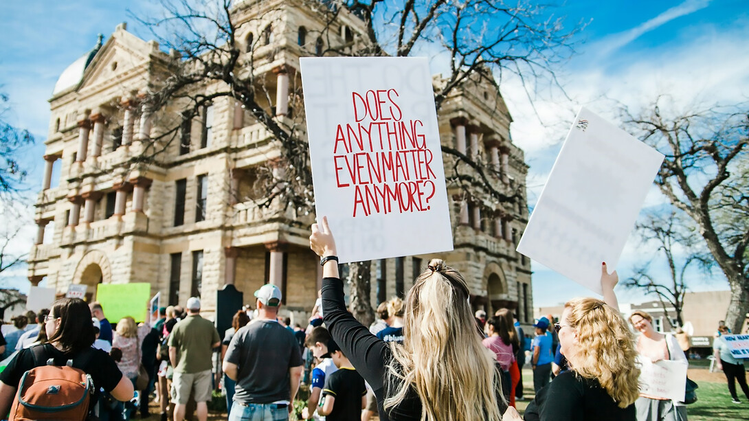 A poignant protest sign seen at the March for Our Lives rally in Denton, Texas, USA