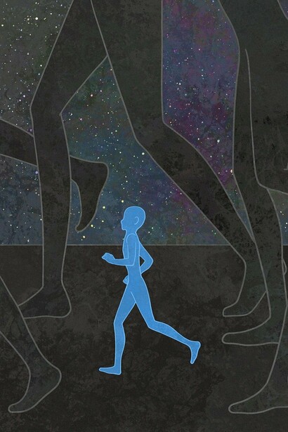 Sagoma umana corre come parte del tutto nell'universo. Dove va l'umanità?