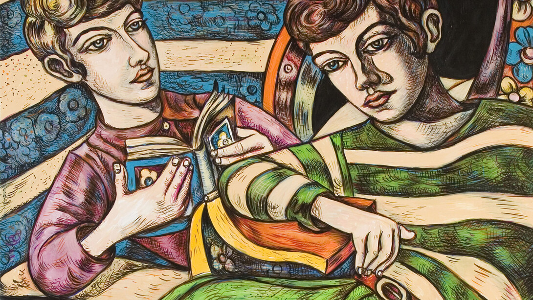 Reading Allowed (detail), oil on paper, © Adrian Wiszniewski, courtesy of Flowers Gallery