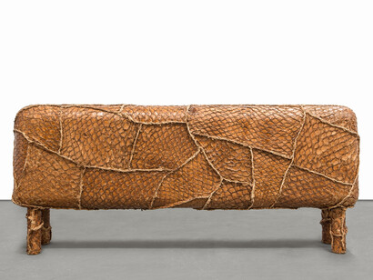 Humberto & Fernando Campana, Pirarucu Buffet, 2013, Pirarucu’s leather, straw and wood, 92 x 202 x 50 cm / 36.2 x 79.5 x 19.7 in, limited edition of 8 + 4 AP, Courtesy Carpenters Workshop Gallery