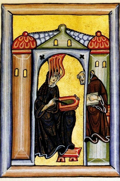 Ildegarda di Bingen ritratta nel Rupertsberger Codex del Liber Scivias, 1151 d.C.