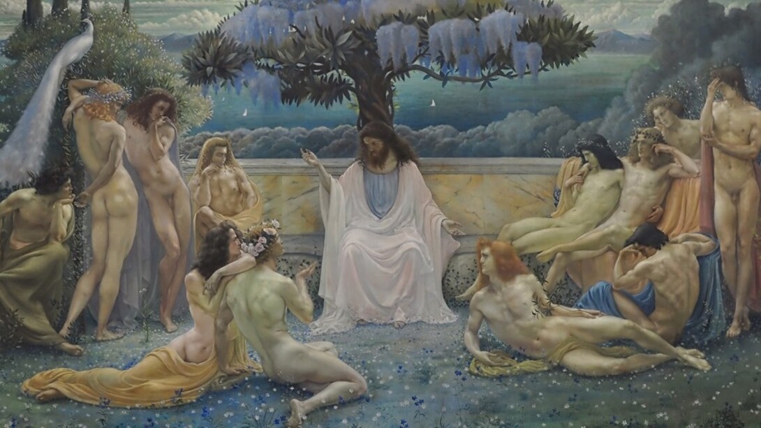 Jean Delville, Italia en 1898, influenciado por el estilo de pintura clásico y renacentista, y también por las tendencias espirituales esotéricas, que fueron fundamentales para su arte idealista. L'École de Platon, ("La escuela de Platón"). En la pintura, se representa a Platón enseñando a sus discípulos en un entorno ideal, y las figuras están dibujadas según un principio espiritual de androginia