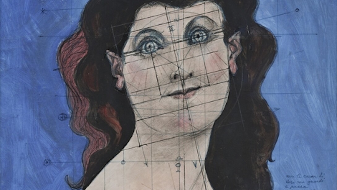 John D. Graham (American, born Ukraine, 1886–1961), "Head of a Woman", 1954. Oil, chalk, ballpoint pen, colored pencil, pencil, brush, pen, and ink on tracing paper, 24 1/4 x 18 7/8 inches. Collection of Leonard and Louise Riggio, New York. Photo by John Labbe.