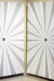 'Unsustainable growth and development', acrylic tempera on canvas and wood, no. 2 canvas 100 x 150 x 4,5 cm (39 x 59 x 1,7 in) + no. 12 spheres Ø 9,2/7,2/5,2/4,2 cm (3,6/2,8/2/1,6 in), 2013 / computer PC