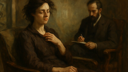 An artistic, painting-like scene evoking the gothic mood of Wuthering Heights — a quiet moment of reflection and unspoken turmoil