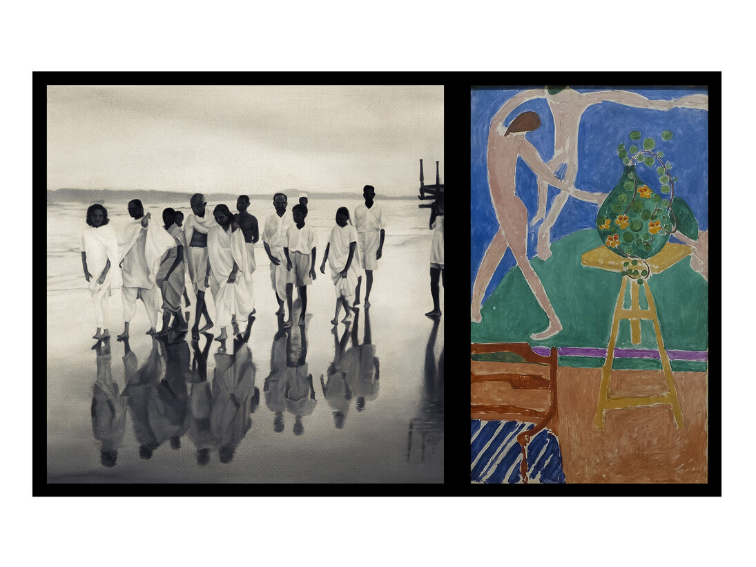 Atul Dodiya, ‘Evening walk with family, Juhu Beach, Bombay, May 1944’, 2014, Oil on canvas, archival digital print on hahnemuehle bamboo paper, 54,5 x 89 cm / 21 1/2 x 35 in, Courtesy of the artist and Galerie Daniel Templon, Paris & Brussels