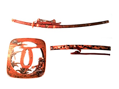 Gold lacquered itomaki tachi mounting with chrysanthemums by Nobuyoshi, Chokaro-zu tsuba (Zhang Guolao immortal motif on sword guard) made by Yasuchika, and Koshigatana mounting with holy animals © Japanese Sword Museum
