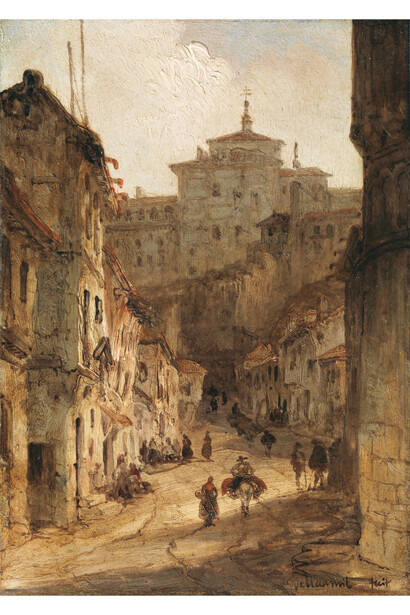 Calle Real del Arrabal, Toledo, Díptico con 42 Vistas Monumentales de Ciudades Españolas, Peréz Villaamil, Óleo sobre hojalata y marco neo gótico, 17,8 x 12,5 cm, Madrid, Museo Nacional del Prado