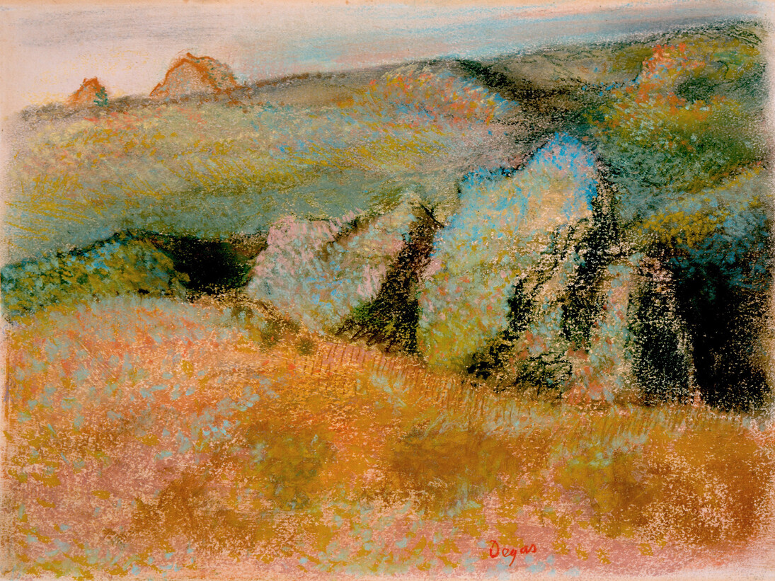 Hilaire‑Germain‑Edgar Degas (French, 1834–1917). Landscape with Rocks (Paysage avec rochers), 1892. Pastel over monotype in oil on wove paper. Sheet: 10 1/8 × 13 9/16″ (25.7 × 34.4 cm). High Museum of Art, Atlanta, Purchase with High Museum of Art Enhancement Fund, 2000.200.