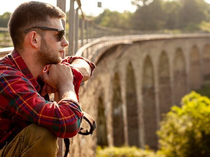 A young adventurer backpacking across Europe