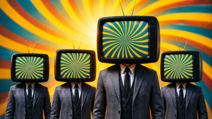 Homens de terno aparecem com televisões no lugar da cabeça, numa imagem que mistura anonimato, propaganda e alienação mediática. O texto questiona justamente o espetáculo político contemporâneo e a transformação da realidade em permanente circo audiovisual