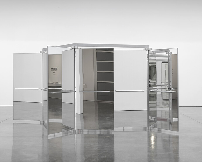 Carsten Höller, Revolving Doors, 2004-2016, Five mirrored three-winged revolving glass doors, aluminum, polypropylene panels, 219 11/16 × 219 11/16 × 89 3/4 inches (558 × 558 × 228 cm). Artwork © Carsten Höller. Photo by Rob McKeever. Courtesy Gagosian
