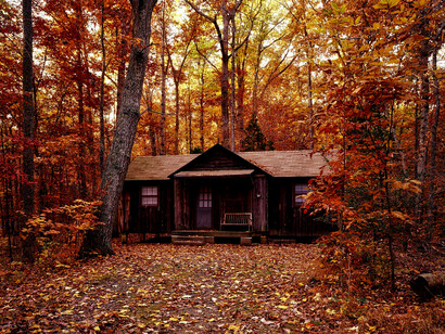 Cabaña en medio del bosque en un otoño melancólico